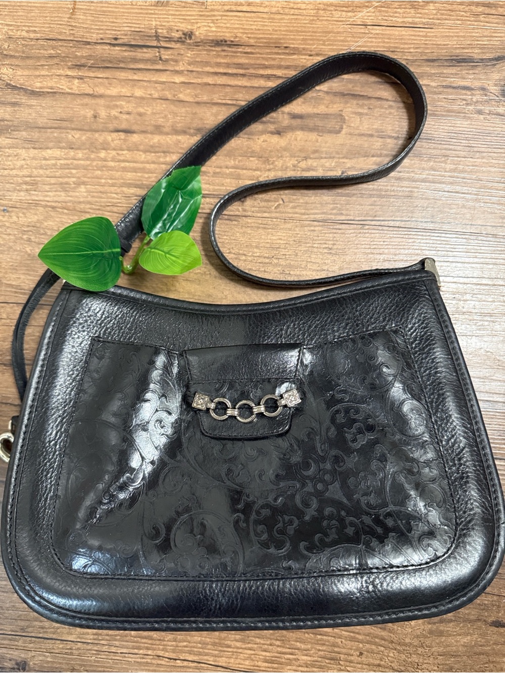 Brighton Hand Tooled Leather Shoulder Bag Classic Black with Chain Accent EUC